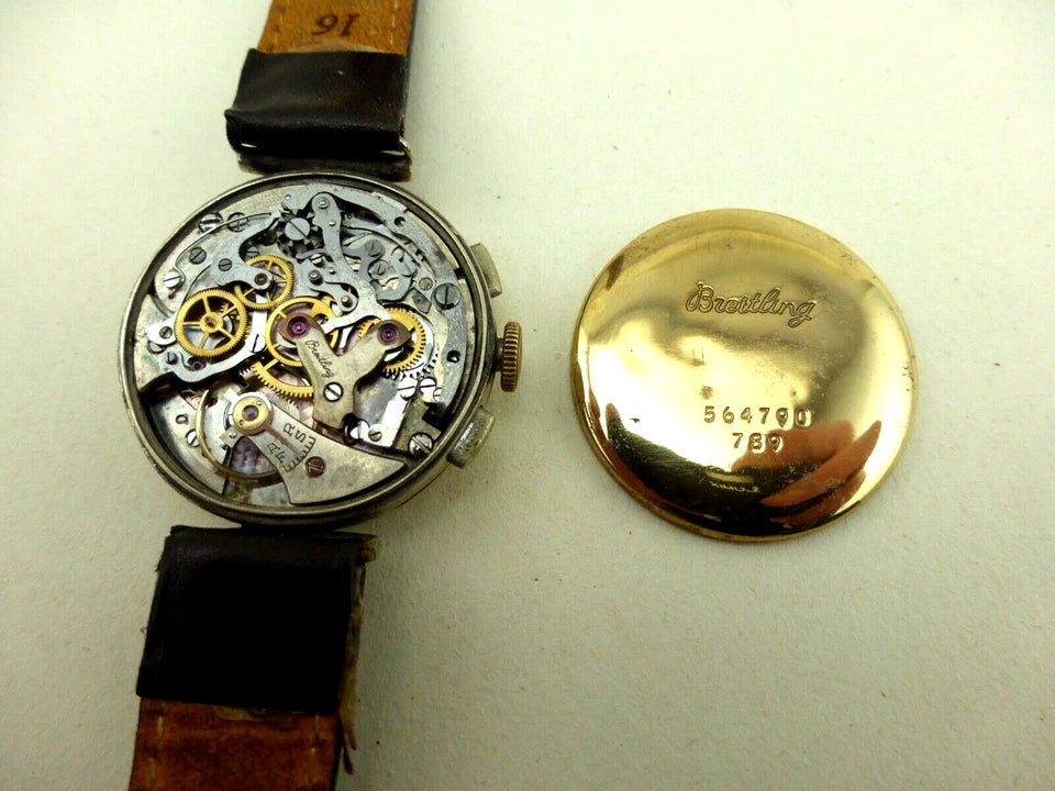 Breitling 789 1940s Rare Black Dial Gold and Steel Chronograph
