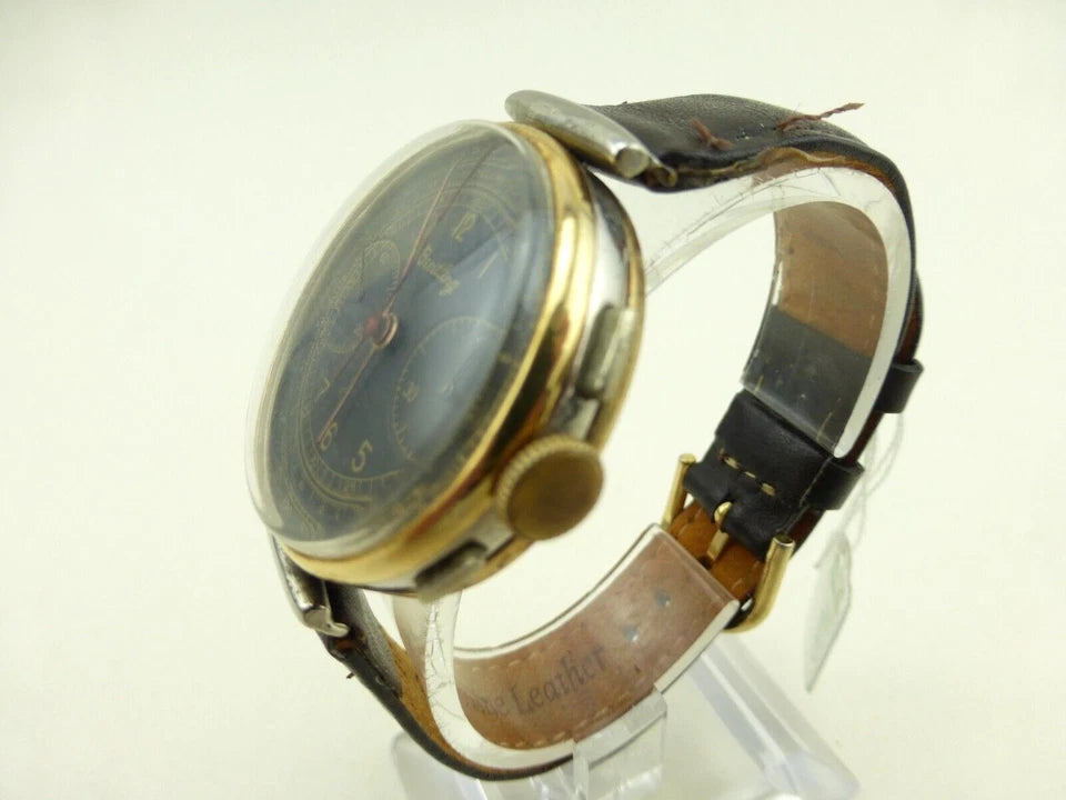 Breitling 789 1940s Rare Black Dial Gold and Steel Chronograph