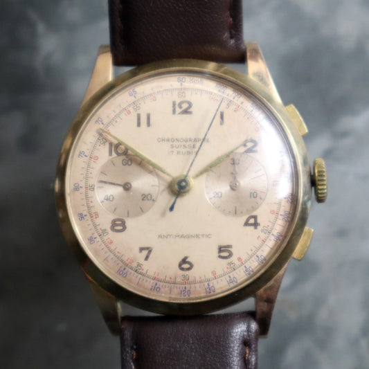 Vintage Chronograph Suisse Large Case 18k Serviced and Warranted